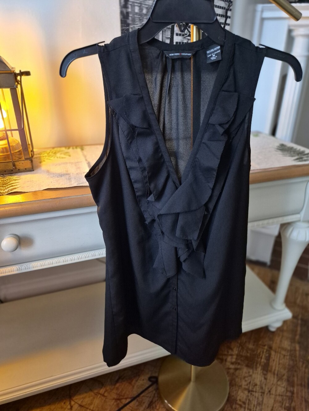 New York & Company Black Ruffle V-Neck Sleeveless Sheer Button-Up